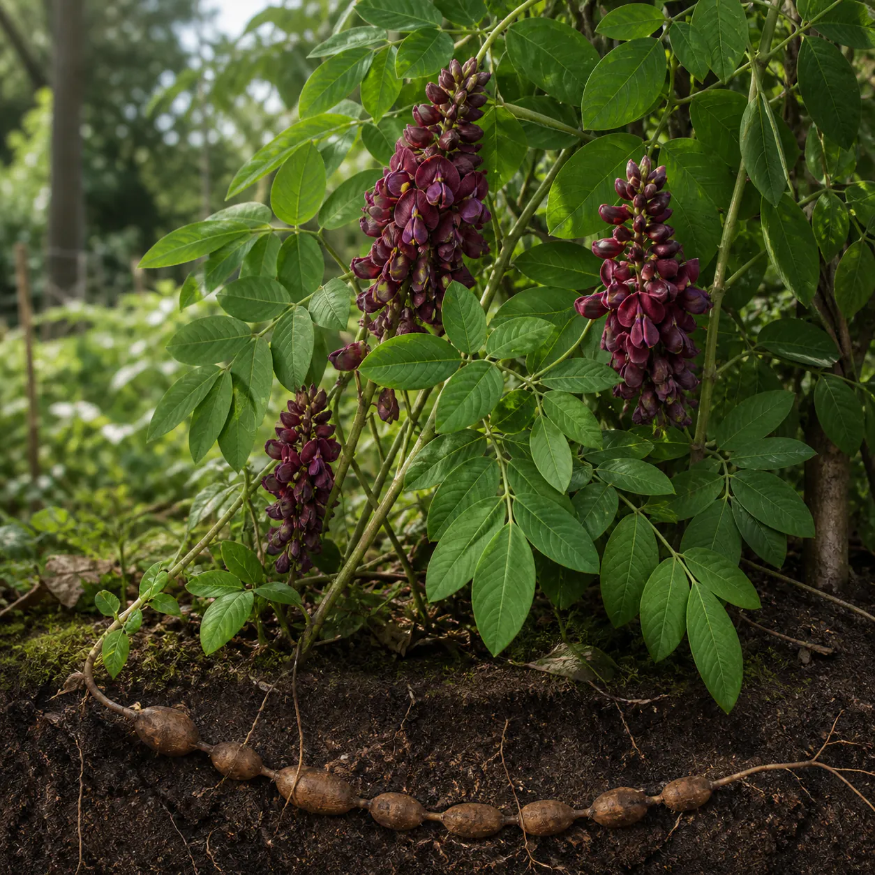American groundnut vine with compound leaves, maroon flower clusters, and a chain of underground tubers