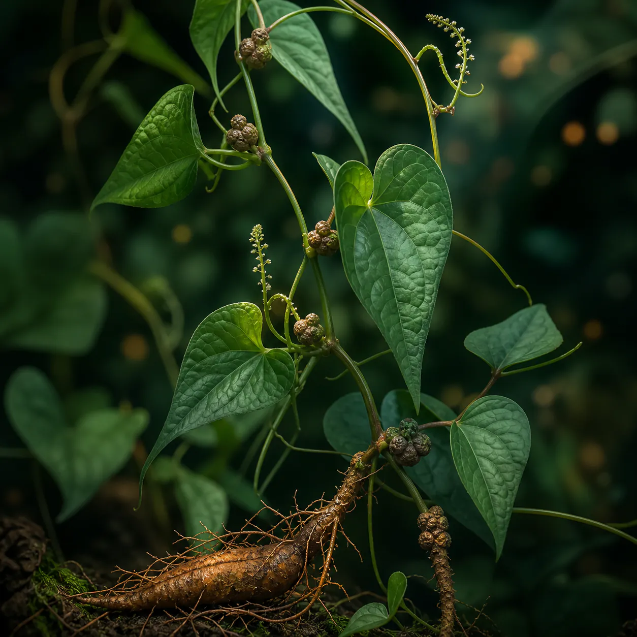 Chinese yam vine with heart-shaped leaves, small warty aerial bulbils, and an elongated underground tuber