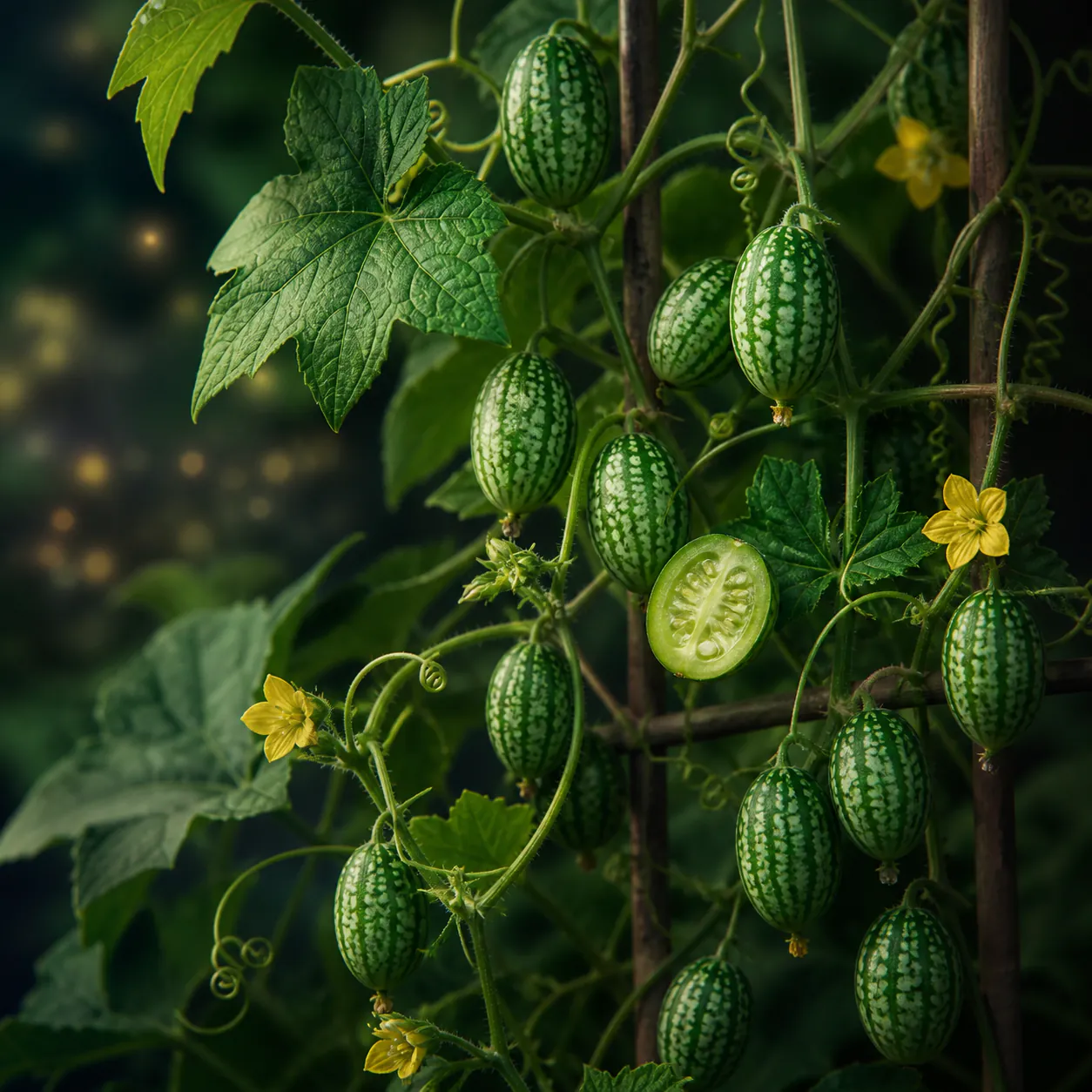 Cucamelon vine with tiny yellow flowers and grape-sized green fruit patterned like miniature watermelons