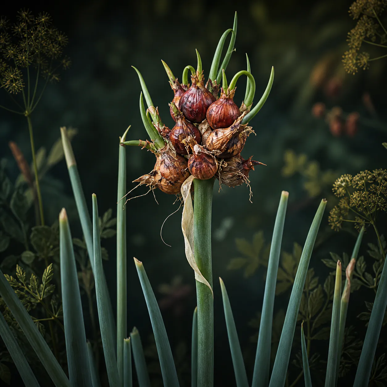 Egyptian walking onion with blue-green leaves and a mature stalk carrying reddish-brown topset bulbils