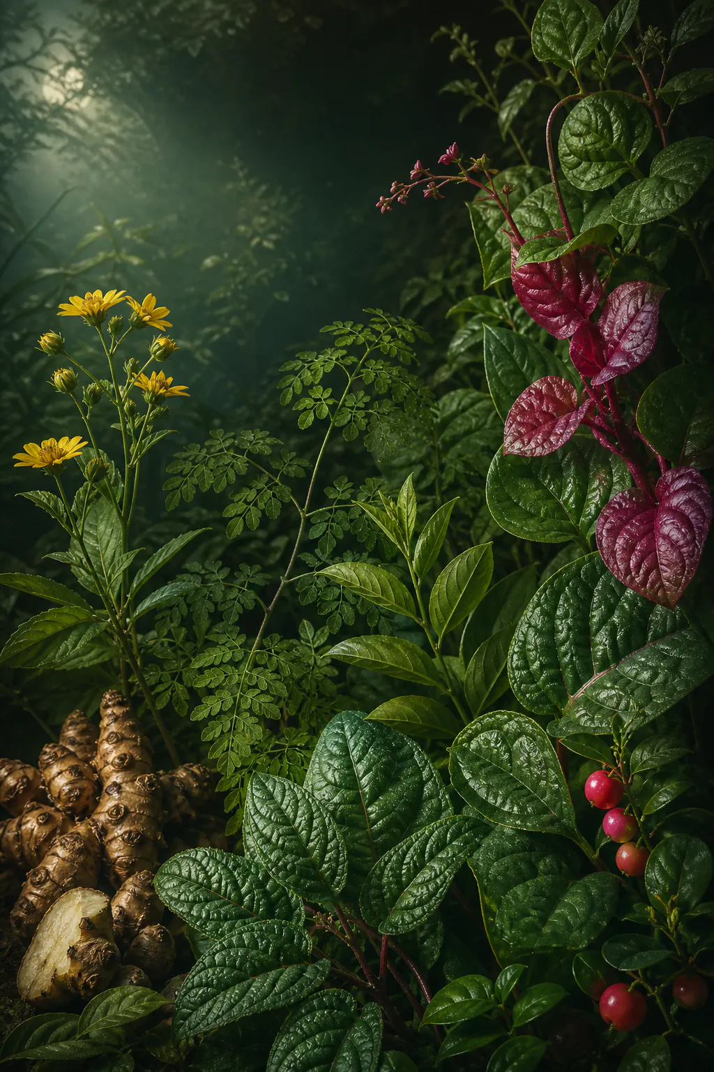 A twilight food forest filled with unusual edible leaves, flowers, fruit, and tubers