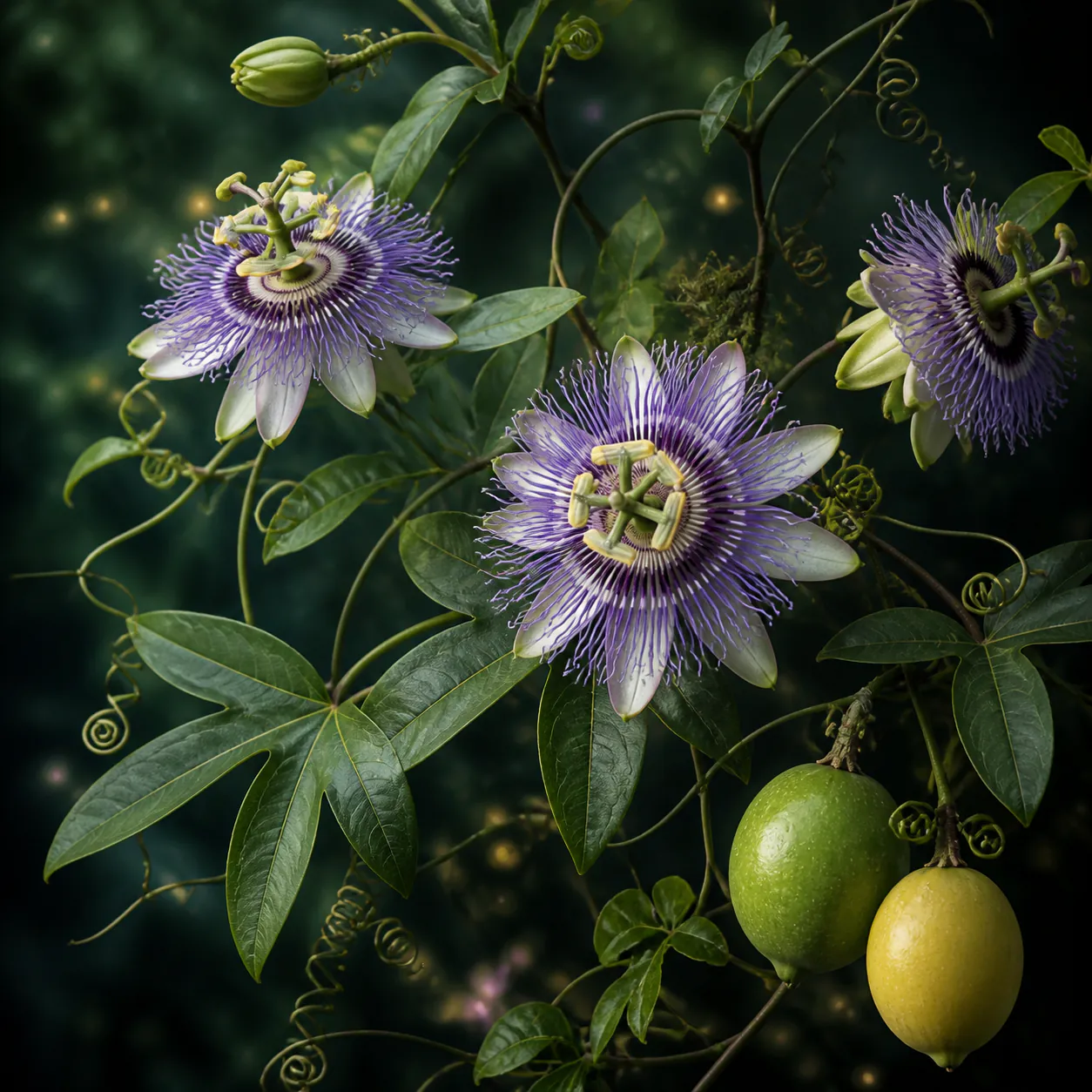 Hardy passionfruit vine with lavender fringed flowers, three-lobed leaves, tendrils, and green-to-yellow maypop fruit