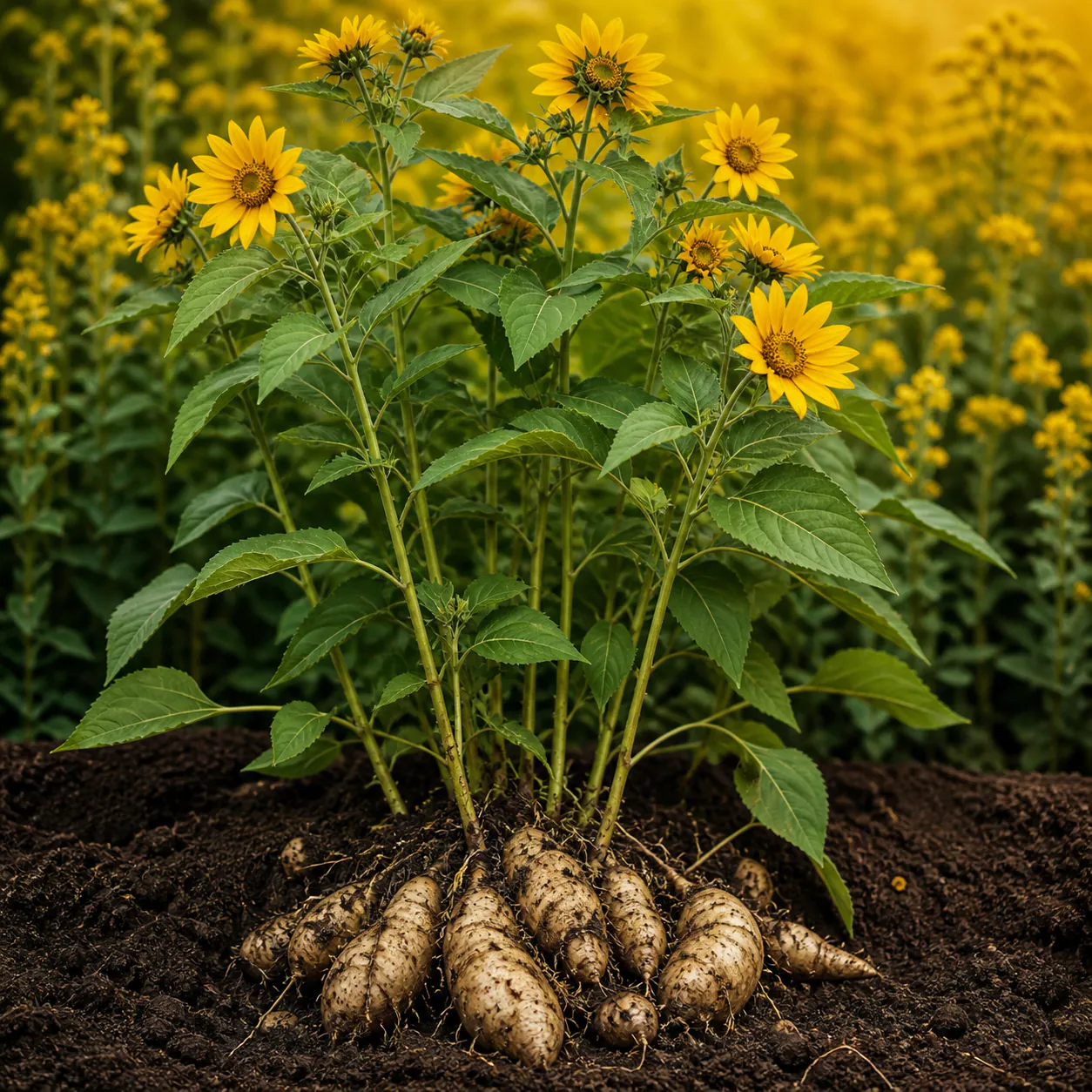 Sunchoke plants with yellow flowers and knobby edible tubers