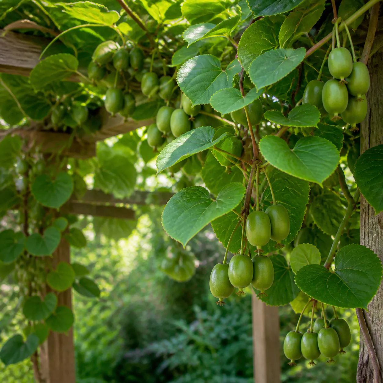 Hardy kiwiberry vine with green leaves and clusters of smooth grape-sized fruit
