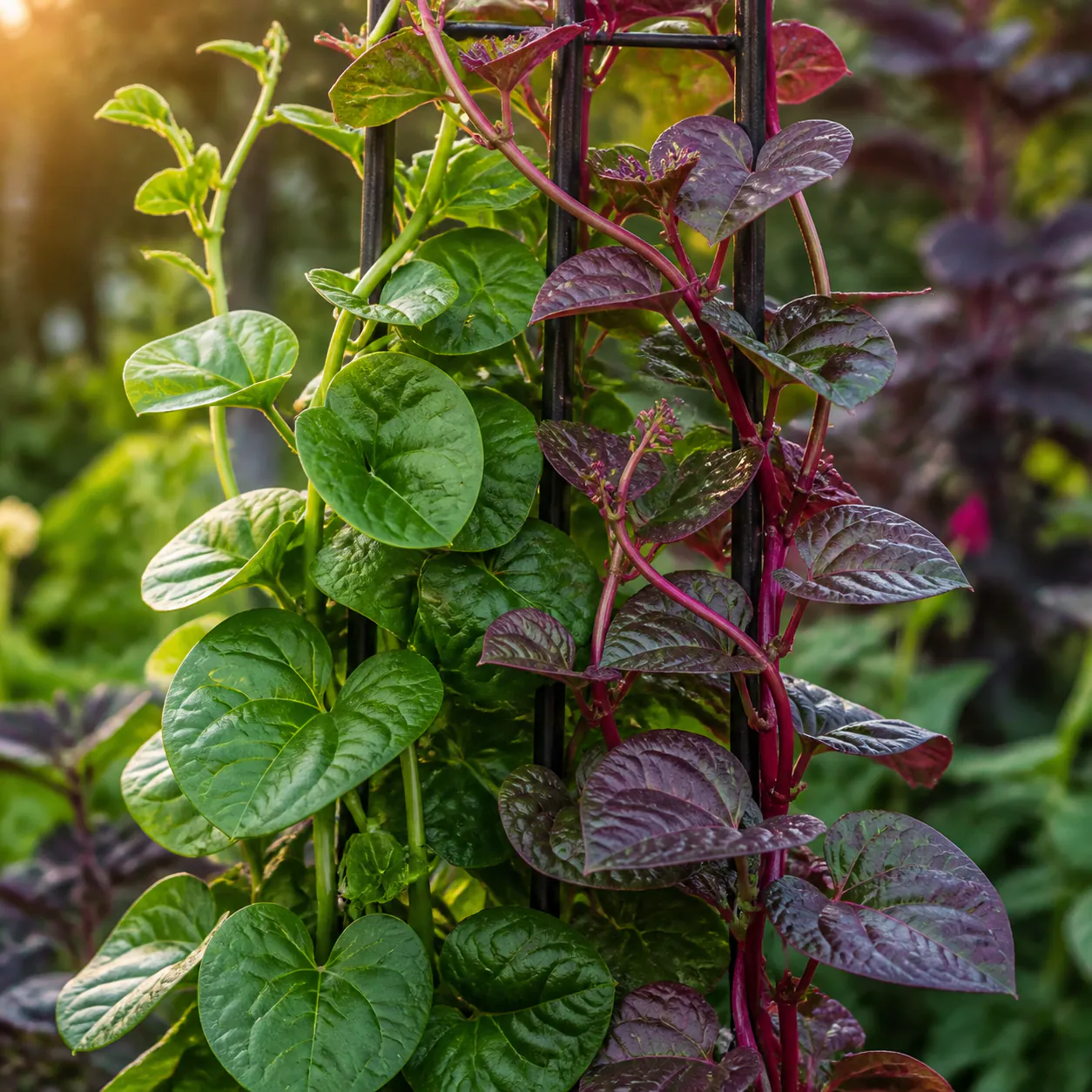 Green and red-stemmed Malabar spinach vines climbing together