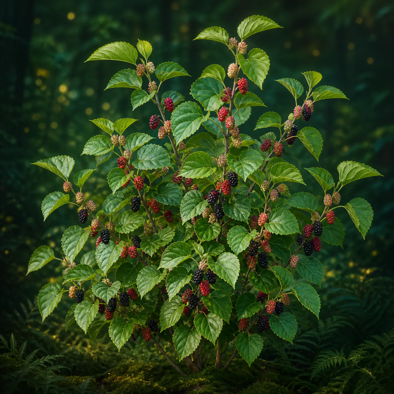 Compact dwarf mulberry shrub carrying abundant green, red, and ripe black fruit