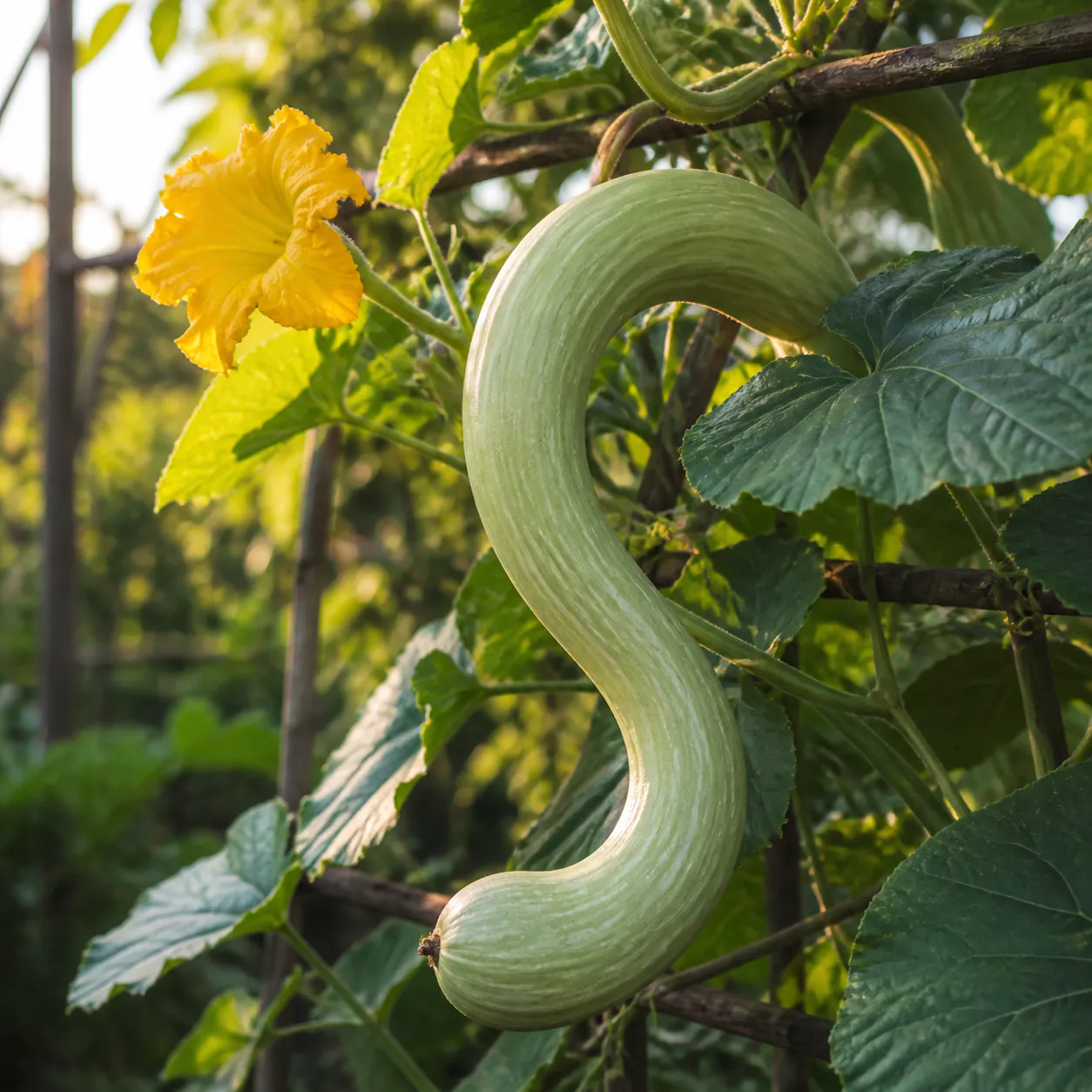 Long curved green Rampicante squash hanging from a leafy trellis