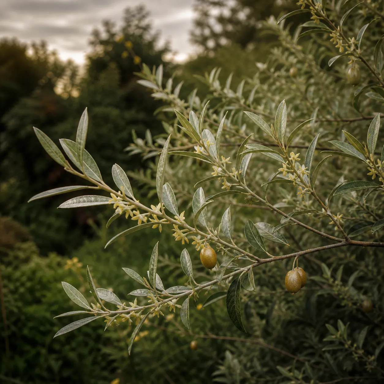 Russian olive branch with narrow silver leaves and clusters of small olive-shaped fruit