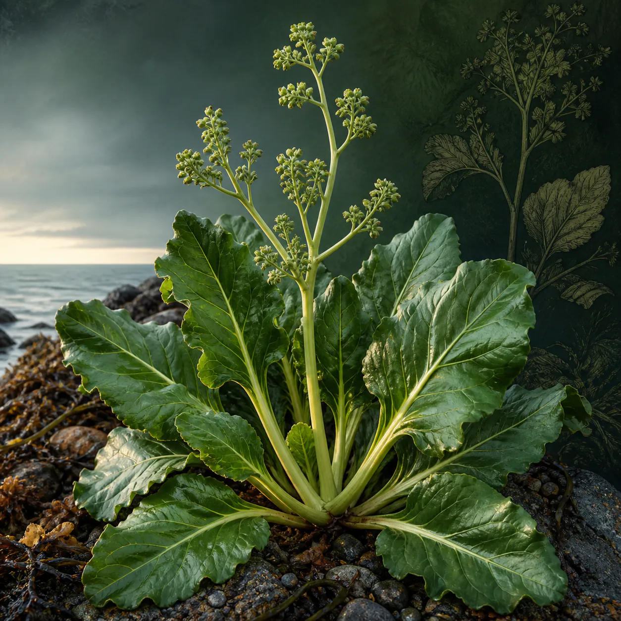 Sea beet rosette with thick glossy green leaves and a branching stalk of small green flowers beside a rocky coast