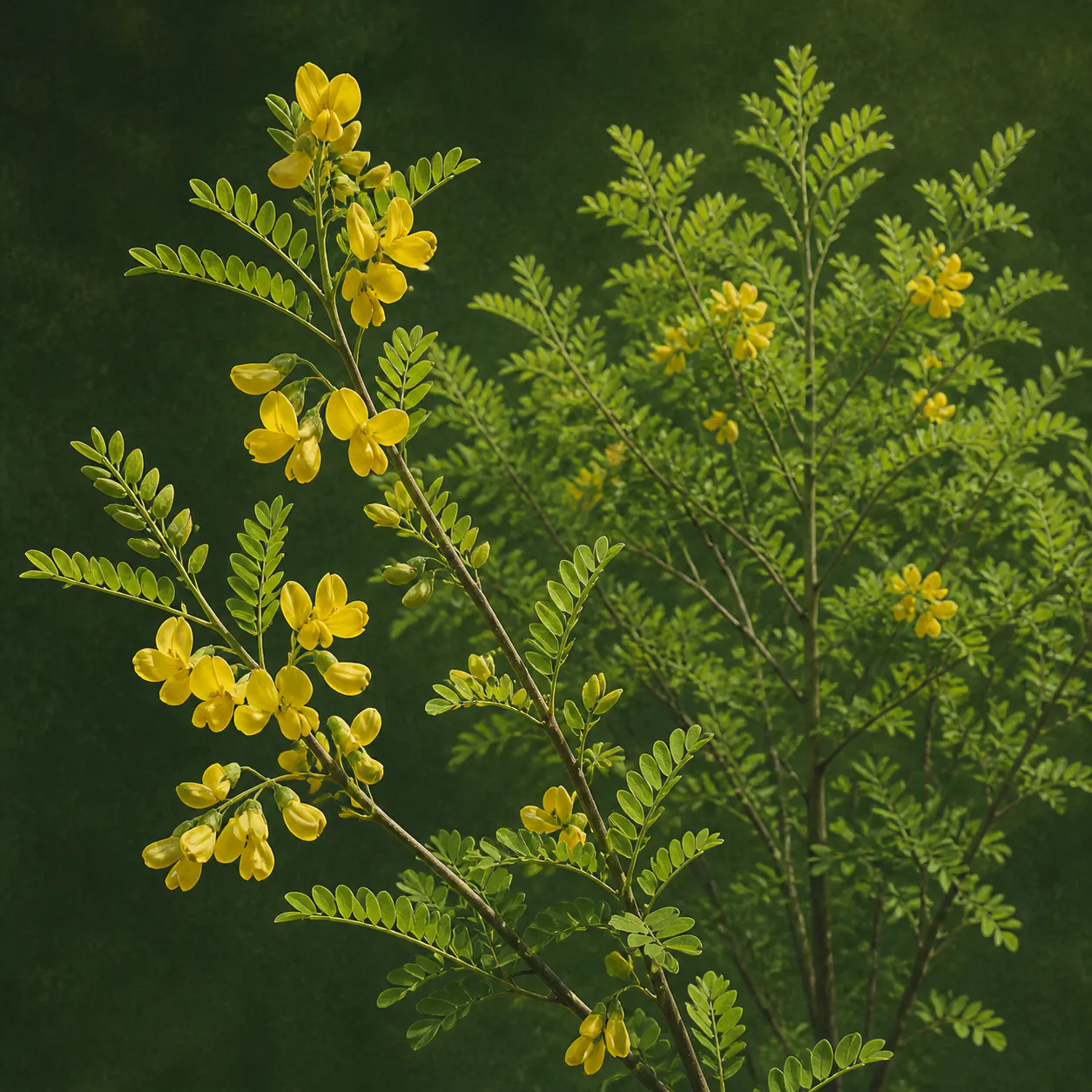 Siberian pea shrub branches with pinnate leaves, yellow flowers, and slender seed pods