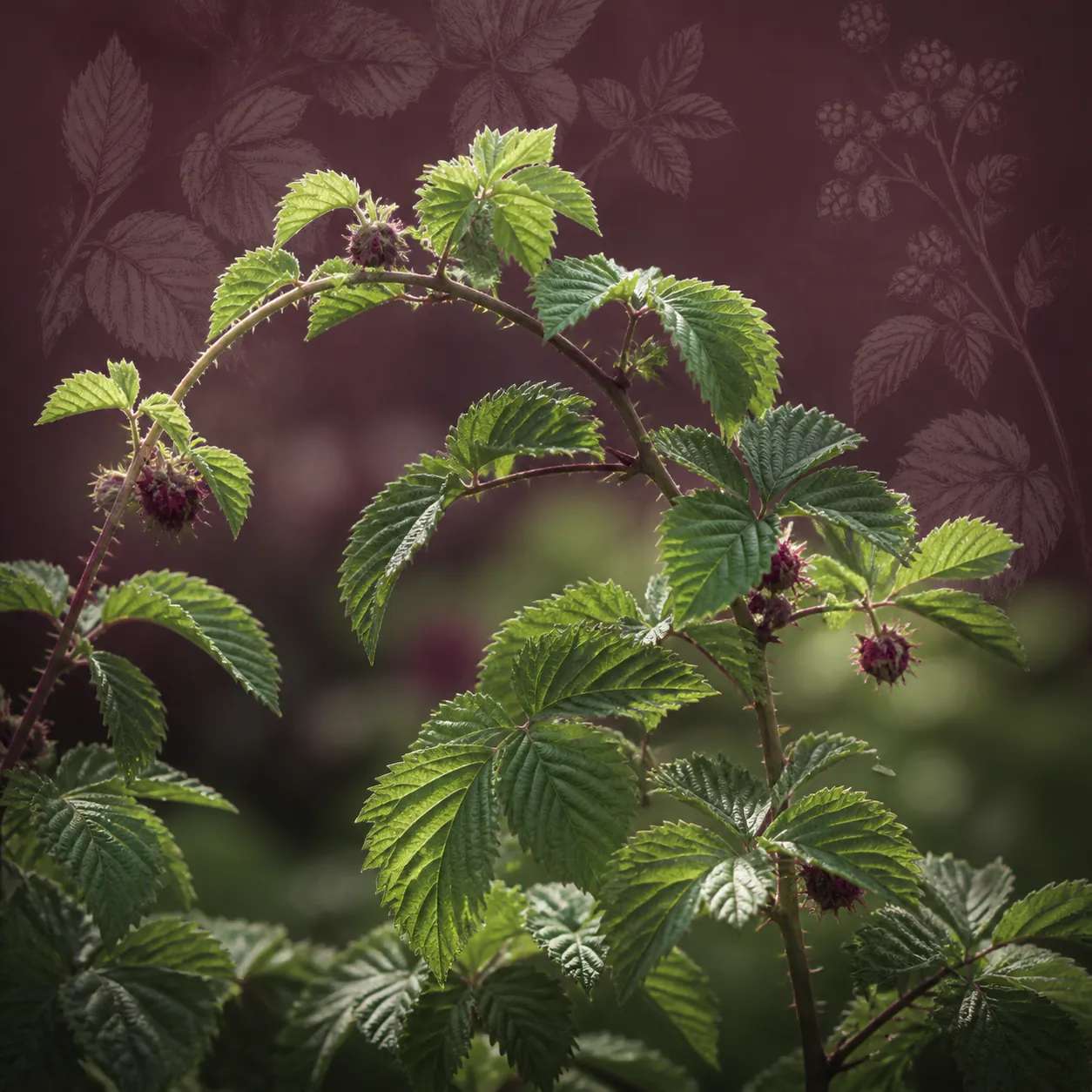 Arching Sweetleaf raspberry stems with bright serrated foliage