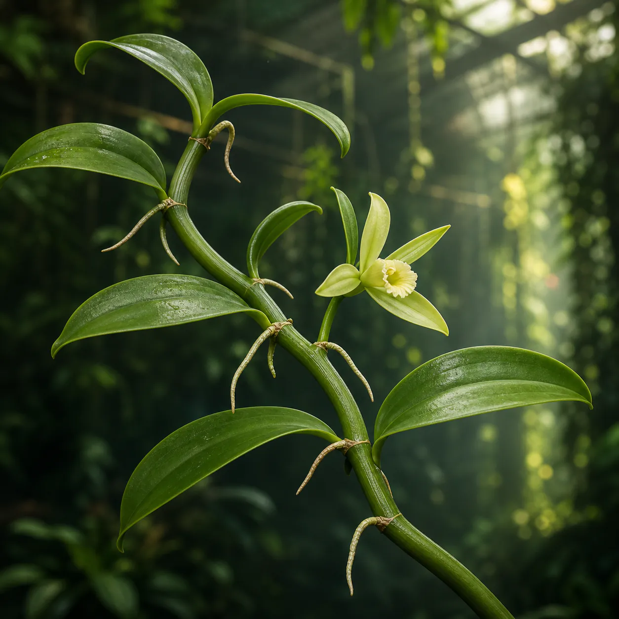 Vanilla orchid vine cutting with thick green stem, fleshy leaves, aerial roots, and a pale green flower